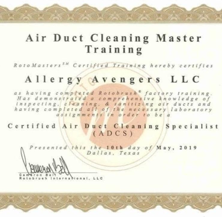 Air Duct Cleaning Master Training Certificate - Allergy Avengers LLC - Certified Air Duct Cleaning Specialist (ADCS)